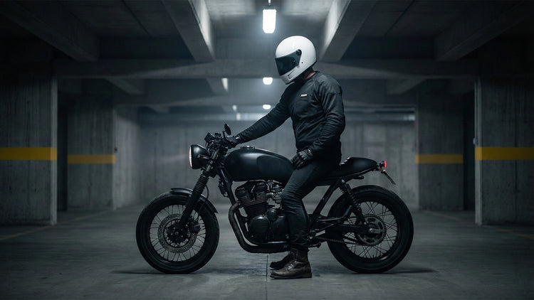 Person on a motorcycle wearing pulse armored shirt 1.0 in a dimly lit underground parking garage
